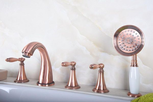

antique red copper brass widespread deck-mounted tub 5 holes three handles bathroom tub sink basin faucet tap hand spray mtf197