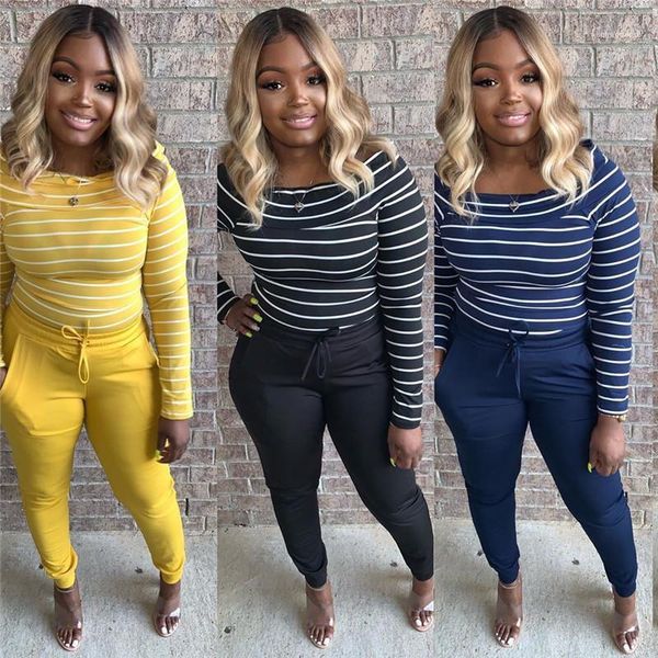 

printed designer tracksuits women casual slim 2 piece pants long sleeved slash neck fashion women tracksuits striped, White