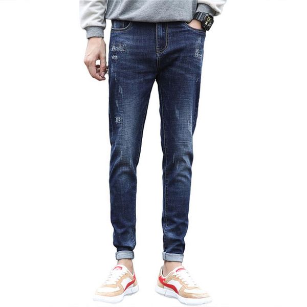 

2020 spring autumn summer new men's jeans stretch slim hole small feet pants youth male long denim pencil pants, Blue