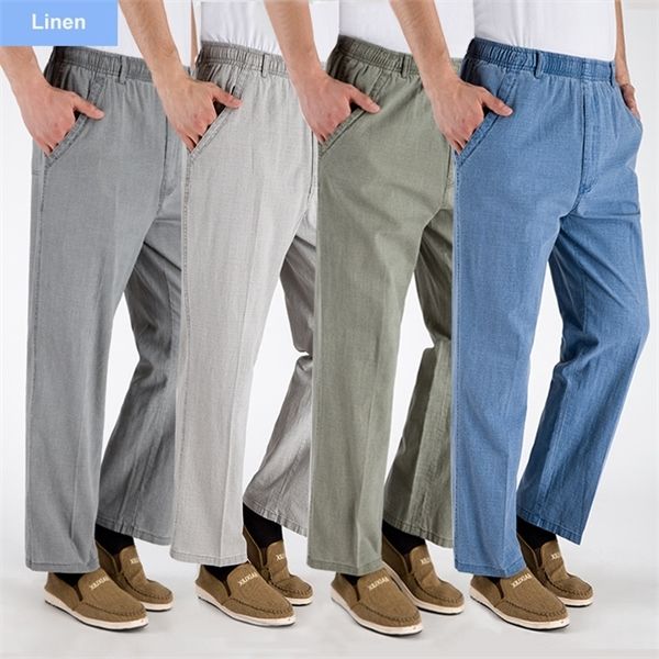 

plus size middle-aged dad men pants summer thin cotton linen elastic high waist casual trousers oversize pantalones hombre, Black