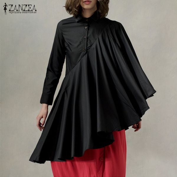 

fashion pleated shirts women's asymmetrical blouse zanzea 2020 spring button work blusas female solid lapel tunic plus size, White