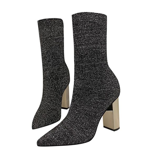 

women boots pointed toe knitting mid calf boots thick high heels black silver shoes woman female luxury fashion ds-b0329