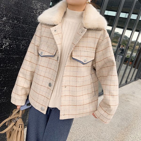

atumn winter fashion apricot plaid woolen coat women causal lambswool lapel single-breasted coat mx19d9585x1020, Black