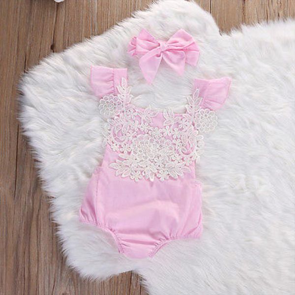 

2019 cute newborn baby girls bodysuit lace floral pink bodysuit jumpsuit headband outfits sunsuit clothes drop shipping, Blue
