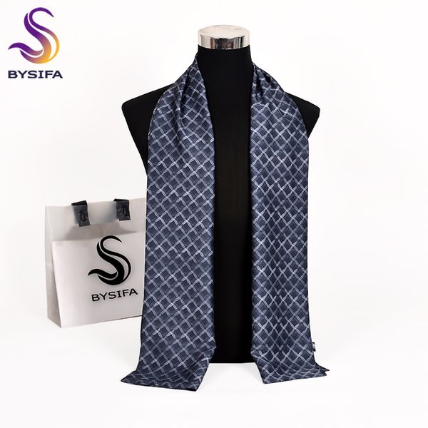 

bysifa] new plaid men scarves autumn winter fashion male warm long silk scarf cravat grade brand silver gray scarf 170*30cm, Blue;gray