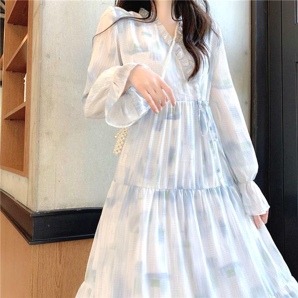 

casual dresses luck a elegant vintage dress women french style retro print fairy long sleeve autumn summer clothes chiffon, Black;gray