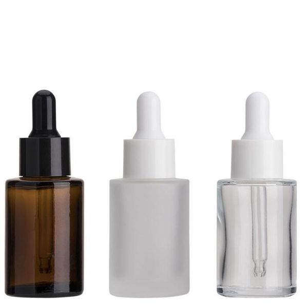 

30ml glass bottle flat shoulder frosted clear amber glass round essential oil serum bottle with glass dropper perfume bottles by sea gga3637