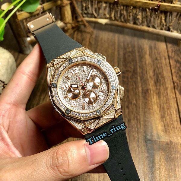 

edition 521.nx.1170.lr full diamond dial rose gold diamond case japan vk quartz movement mens watch black rubber strap sport watches, Slivery;brown