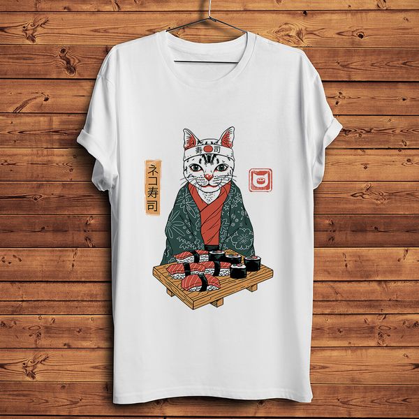 

japan traditional style neko sushi anime t-shirt homme summer short t shirt men white vintage casual tshirt streetwear