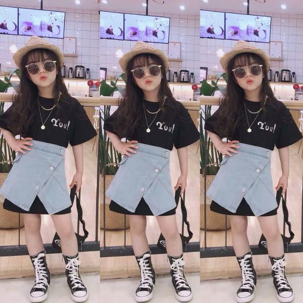 

summer girls 2 pcs set baby tee shirt + denim skirt kids suit children set fashion streetwear solid split snap 4 to 14 yrs, White