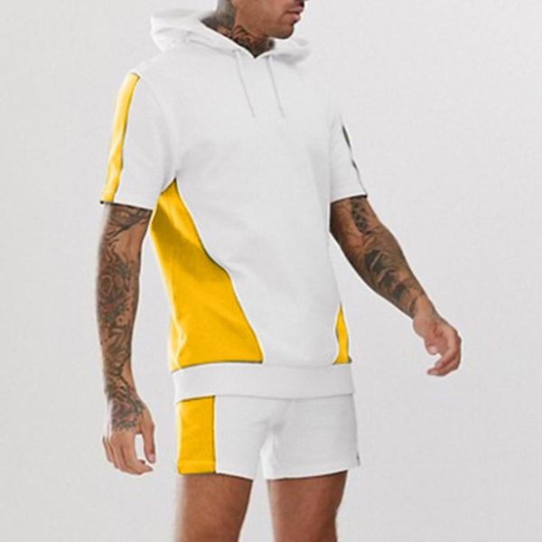 

gym clothing men's sport suit tracksuit men shirt and shorts hooded outfit pocket sports color block two piece set running jogging wear, White;black
