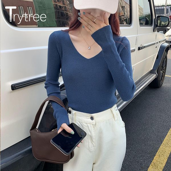 

trytree autumn winter woman casual sweater high elasticity v-neck 9 colors solid knitting all-purpose style sweater women, White;black