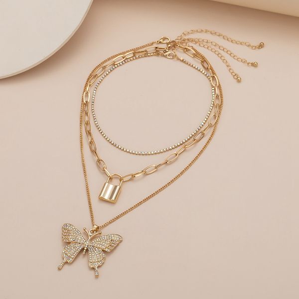 

fashion personality multilayer rhinestone large butterfly pendant necklace lock choker necklace jewelry for women, Silver