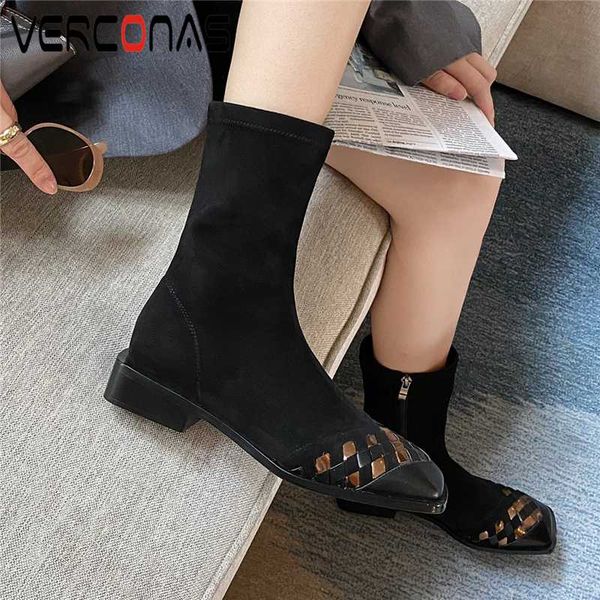 

verconas new woman mid-calf boots 2020 autumn winter genuine leather cross-tied fashion elegant side zip square toe boots woman, Black