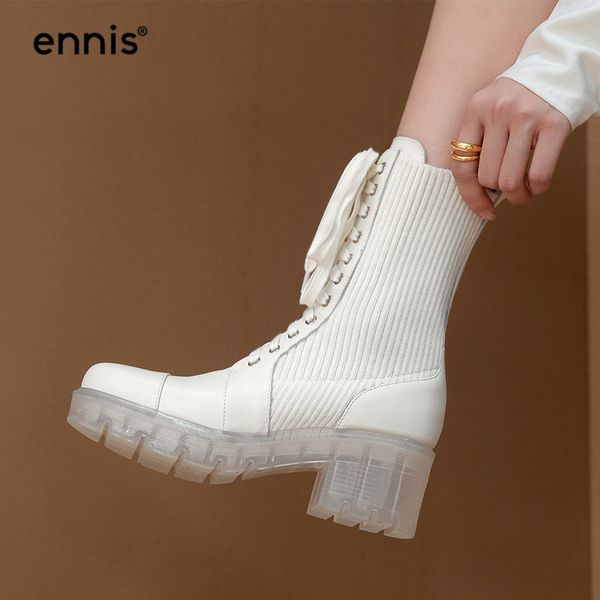 

ennis crystal platform boots women genuine leather lace up boots stretch knitted shoes square heel white new a0074, Black