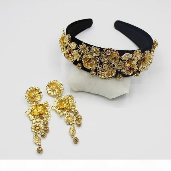 

2016 new exclusive european retro baroque flower headband tiara earrings set 09 s919, Slivery;golden