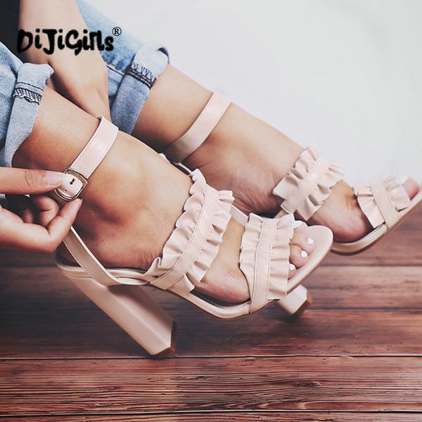 

summer sandals ruffled pu high heels solid color women's shoes plus size fashion women pumps square heel shoes drop shipping, Black