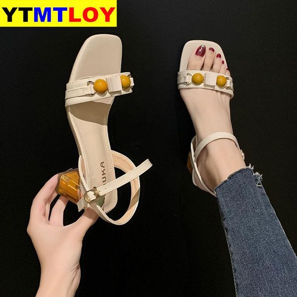 

net red sandals female fairy style 2020 new korean version of summer fashion open toe square head with thick heels, Black