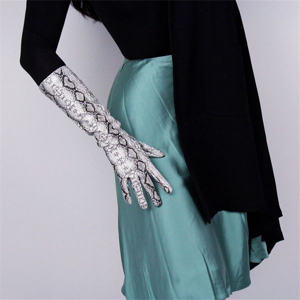 

five fingers gloves women fashion 40cm patent leather medium length simulation pu bright skin python pattern 3-tb83, Blue;gray