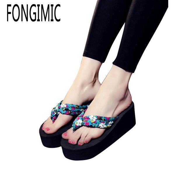 

wedge platform flip flops woman shoes women new summer shoes high heels beach sandals ladies thick high floral pantufas, Black