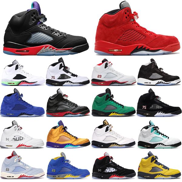

2020 jumpman 5s ice blue men basketball shoes 5 laney yellow bred red suede white cement metallic psg black sport sneaker size 40-47, White;red