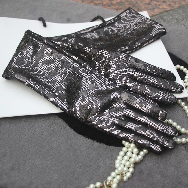 

ladies sheepskin leather gloves fashion full fingers embossed printing punk party women long driving gloves silver black, Blue;gray
