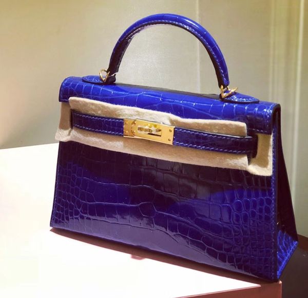 

factory wholesale blue shinny crocodile mini purse 19.5cm,5colors,fully handmade wax thread, gold and silver hardware for chosen