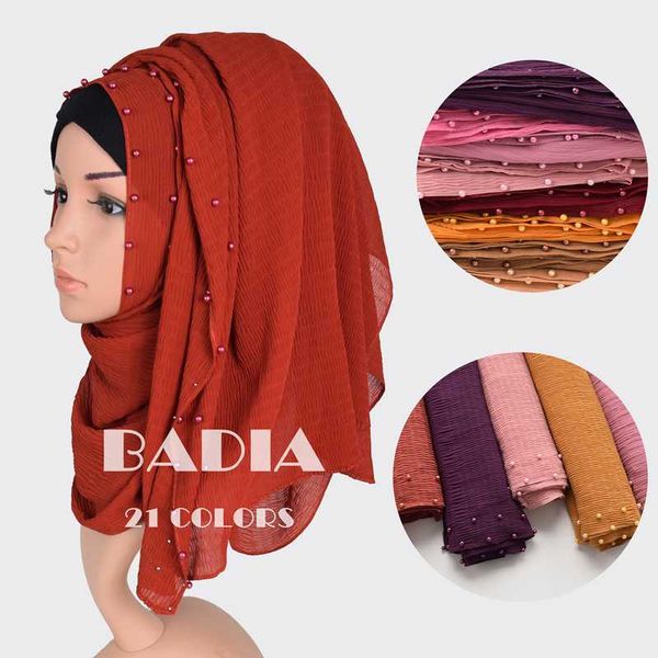 

one piece women muslim solid plain pearl crinkle chiffon hijabs long islamic beads pleated hijabs scarves wraps, Blue;gray