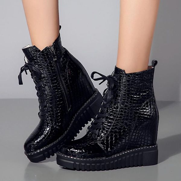 

lapolaka genuine leather lace up height increased heels cow skin fashion winter boots woman shoes female, Black