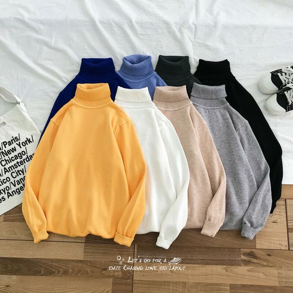 

new fashion brand slim men's knit lapel long sleeve turtleneck turtleneck solid color regular sweater for men winter high neck, White;black