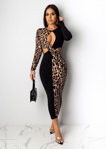 

womens dresses hollow out o-neck long sleeve women dress skinny casual ladies clothing leopard patchwork sexy, Black;gray