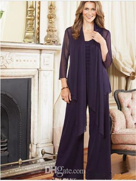 

2020 plus size mother of the bride pant suits with jacket purple outfits custom made chiffon long sleeve mother of the groom prom dresses, Black