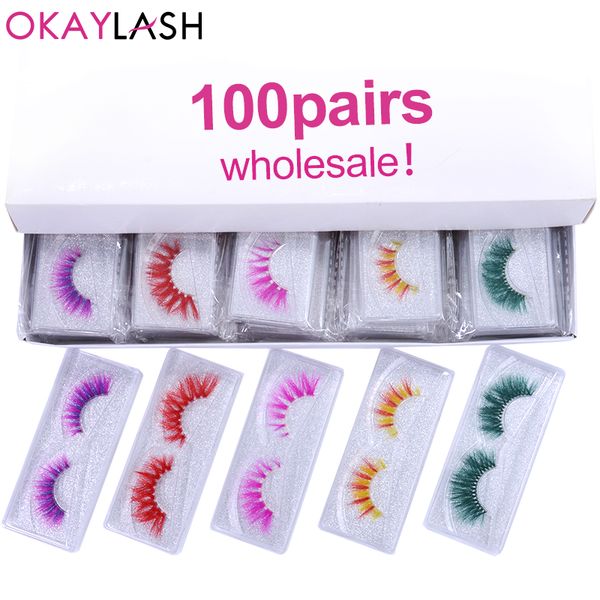 

okaylash 50/100pairs 3d false colored eyelashes wholesale real mink dramatic fluffy dense color rainbow lashes bulk order