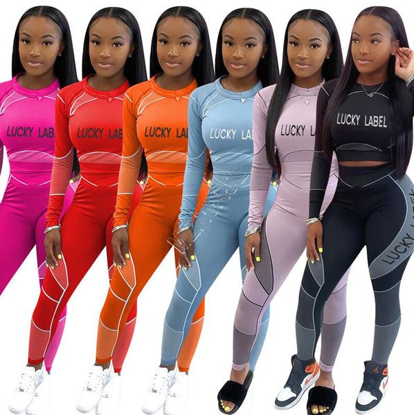 

women tracksuit lucky label letters long sleeves t shirts crop tight leggings pants running two piece outfit exercise sports suit d92305, White