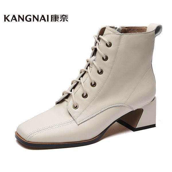 

kangnai women boots fashion trend lace-up zipper square toe ladies ankle boots genuine leather martins autumn winter shoes, Black