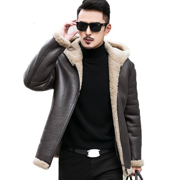 

leather jacket men genuine sheepskin coat winter jacket men natural wool fur liner warm jackets plus size chaqueta hombre my1638, Black