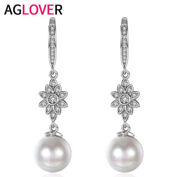

other aglover 4.2cm fashion s925 sterling silver earrings sun flower pearl pendant for charm woman wedding jewelry gift, Golden;silver
