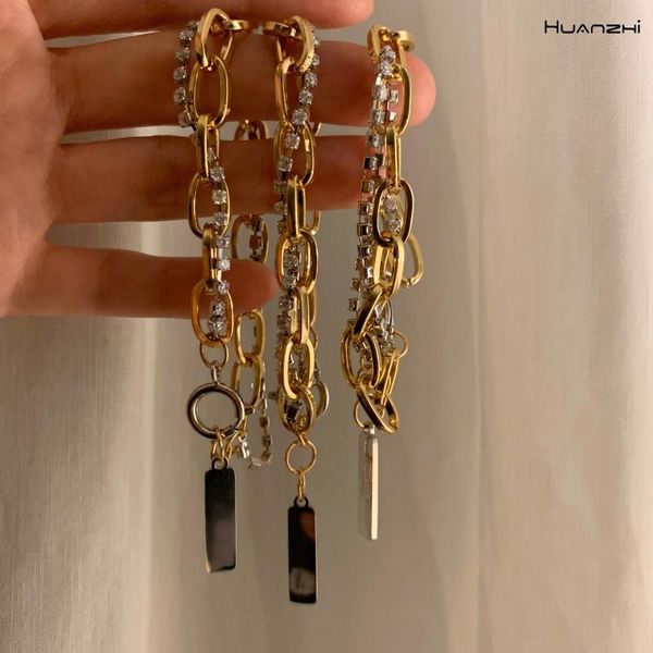 

huanzhi 2020 new punk gold silver color metal double layer rhinestones bracelet hip hop for women party wedding jewelry gifts, Black