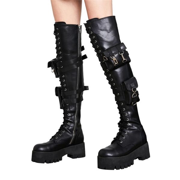 

army style fashion double metal buckle bags eyelet thigh boots platform sole woman over the knee boots motorcycle, Black