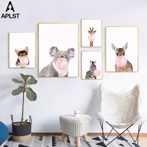 

happy animal kids baby bedroom poster elephant giraffe koala chew bubble gum home pictures on canvas nursery wall art paintings