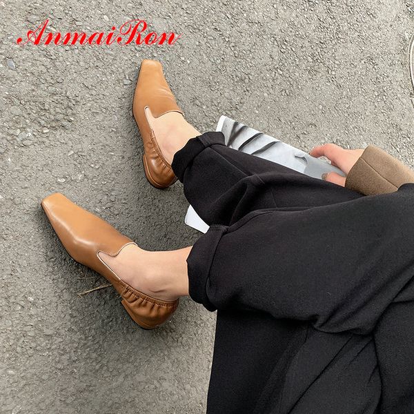 

anmairon 2020 square toe women shoes square heel party retro genuine leather pu slip-on mules classics women pumps size 34-39, Black