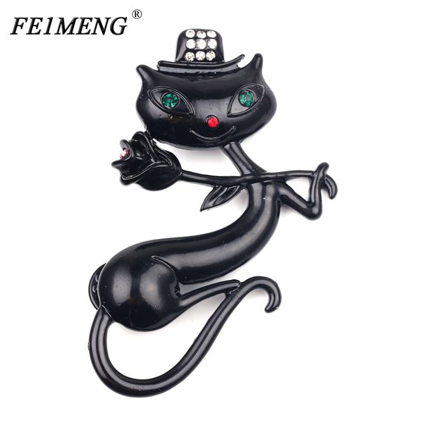 

black cat enamel pins brooch for women holding flower kitty cz crystal badge brooch pin fashion animal jewelry accessories, Gray