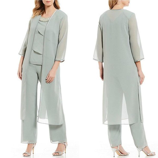 Elegante Hosenanzüge für die Mutter der Braut, maßgeschneiderte dreiteilige, mit Perlen verzierte Jumpsuits mit Juwelenausschnitt, Hochzeitsgastkleid, Hosenanzüge in Übergröße