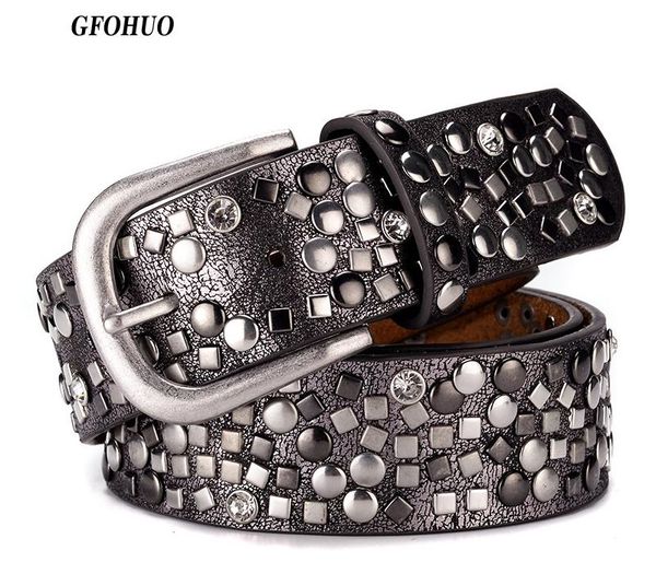 

split leather + pu rivet belt fashion rhinestone women's studded belts female leather rock women strap for jeans y200807, Black;brown