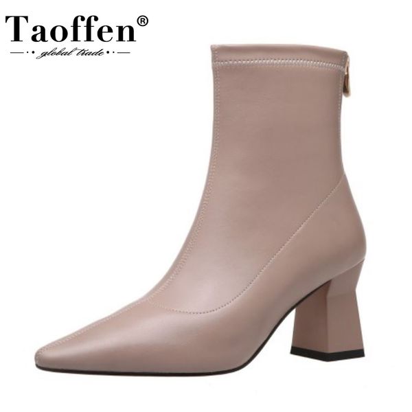

taoffen women short boots fashion zipper pointed toe high heel winter shoes woman warm mid calf boot footwear size 34-40, Black