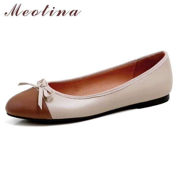 

meotina women shoes natural genuine leather flats shoes bow round toe ballet flats lady footwear summer black large size 33-40