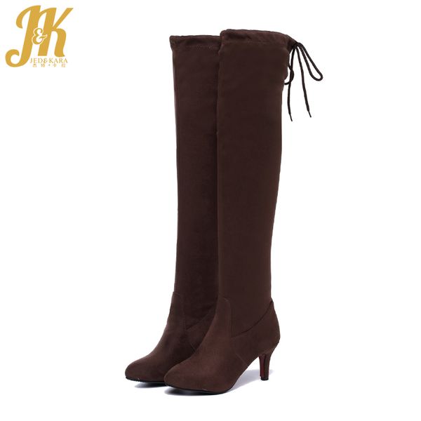 

jk winter over the knee stretch women boots pointed toe cross tied footwear flock high heels fur boot black shoes women 2020