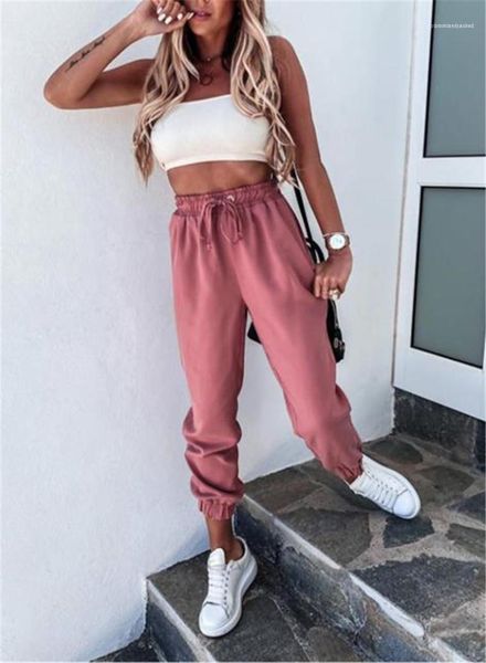 

pocket casual loose drawstring mid waist pants womems pencil pants fashion natural color pants with, Black;white