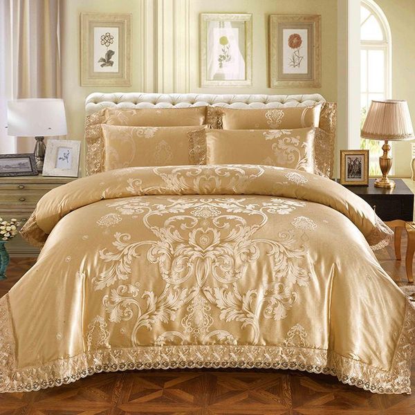 

lace silver golden silk satin luxury bedding set king size  bed set duvet cover cotton bedsheet linens parure de lit adulte