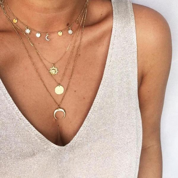 

moon horn round disc set with pendant four necklace clavicle chain layers bar coin necklace clavicle chains, Silver